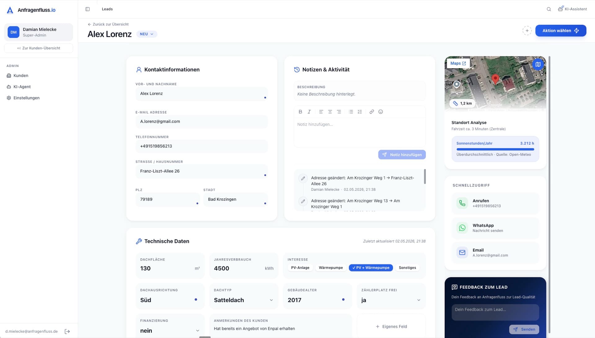 anfragenfluss.io — Lead-Detail Alex Lorenz mit Standort-Analyse, technischen Daten und Schnellzugriff